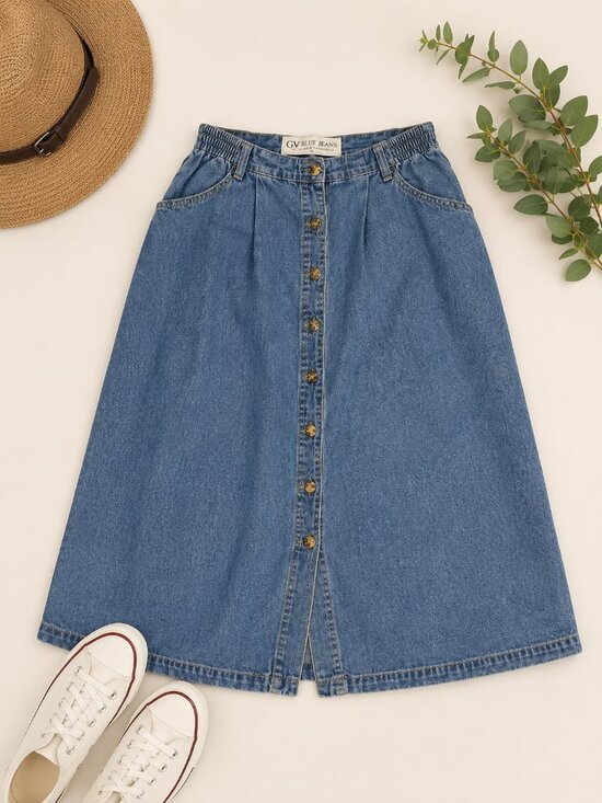 Gloria Vanderbilt Dresses & Skirts - Vintage GV Blue Jeans by Gloria Vanderbilt Button Front Denim Midi Skirt Petite